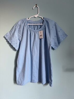 crown & ivy Light Blue Eyelet Sleeve Cotton Blouse